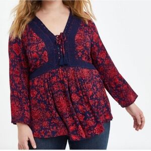 Torrid Floral Babydoll Gauze Crochet Trim Lace Up Top Women's 1X Cranberry Navy